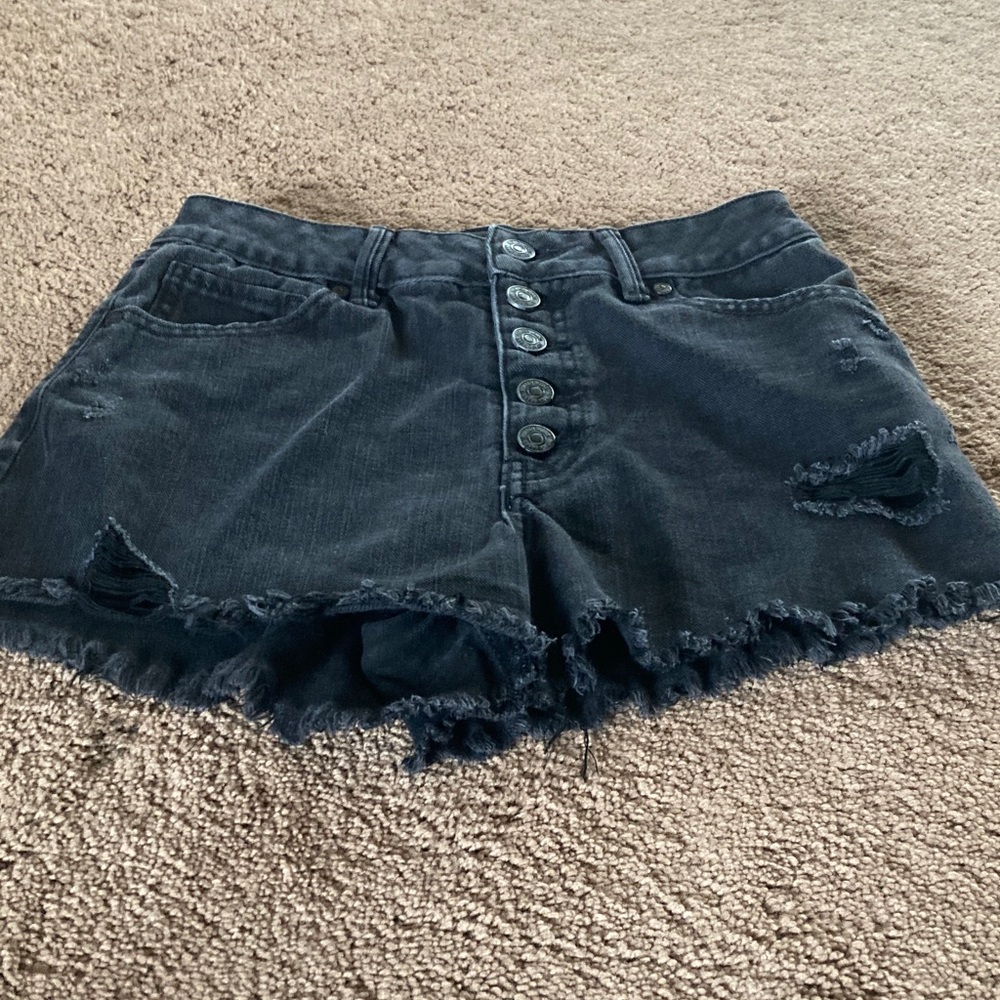 Black Distressed Button-Front Denim Shorts
